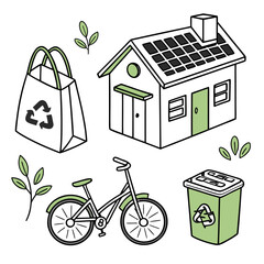 Poster - Sustainable lifestyle vector pack: reusable bag, eco house, solar panel, bike, recycle symbol, composting, flat design, white background