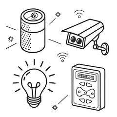 Poster - Vector illustrations of smart home automation: smart speaker, connected lights, security camera, thermostat control, minimal line art on white