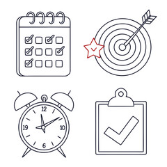Poster - Clean line vector set of personal productivity: calendar, checklist, alarm clock, goal setting, focus time, minimal design, white background