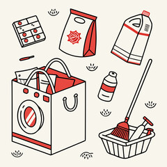 Poster - Bundle of household chores and daily life vector icons: cleaning tools, laundry, cooking, dishwashing, grocery shopping, flat minimal style