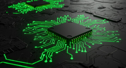 Poster - A close up of a black microchip with green glowing circuits on a dark textured surface design element