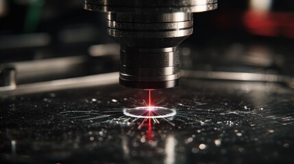 Poster - Scientific instrument emitting a focused red laser beam onto a dark surface, creating a circular pattern, showcasing precision and innovation in a technological setting