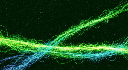 Poster - Abstract green and blue light streaks flowing across a dark starry background in a dynamic composition