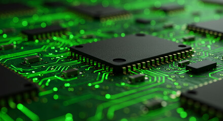 Poster - A close up view of a green circuit board with black microchips and glowing green pathways visible