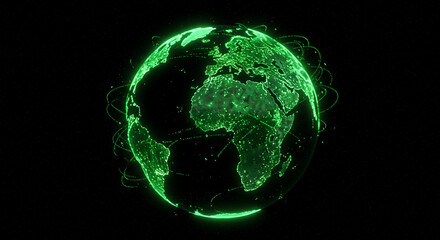 Poster - A glowing green earth globe with interconnected lines against a black background in a digital style