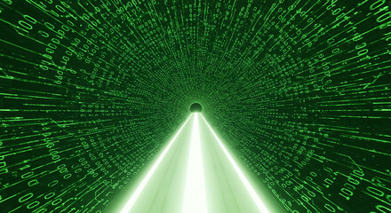 Poster - A digital tunnel with binary code and light streaks creating a futuristic cyberspace aesthetic view