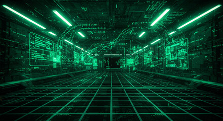 Poster - A futuristic green corridor with digital displays and a grid floor leading to a distant doorway