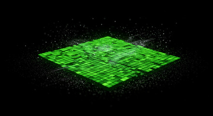 Poster - A glowing green square composed of smaller squares on a black background with particles around it