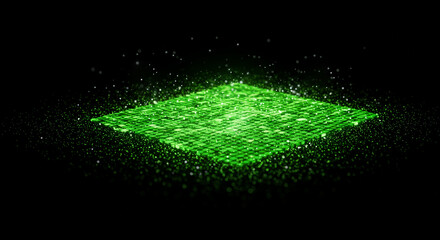 Poster - Glowing green square platform with pixelated texture and particles floating on a black background