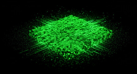 Poster - A glowing green cube made of smaller cubes with light trails on a black background in a digital style