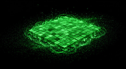 Poster - A green cube made of smaller cubes surrounded by glowing green particles on a black background scene