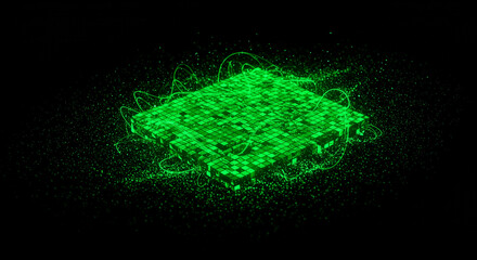 Poster - Glowing green pixelated structure surrounded by particles and energy on a dark background design art