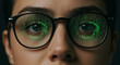 © Noor  - Close up of person wearing glasses with digital green code reflection on the lenses and eyes