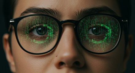 Poster - Close up of person wearing glasses with digital green code reflection on the lenses and eyes