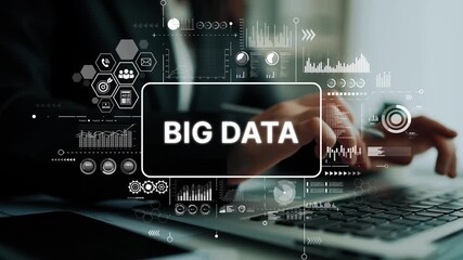 Poster - Business Professional Analyzing Big Data Insights on Laptop with Graphs and Digital Elements in Modern Office Setting. Asymptotic smart data analytic.