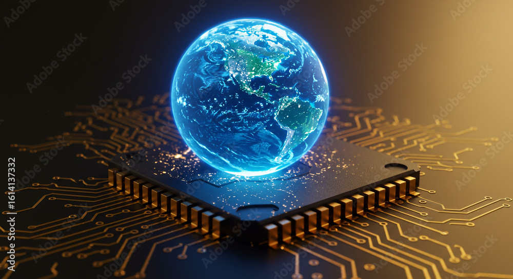 Glowing earth globe resting on a cpu chip with detailed circuit board ...