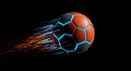 Poster - A vibrant soccer ball with glowing edges in motion against a dark background with light trails effect
