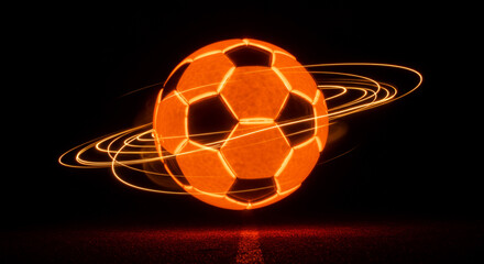 Poster - Glowing soccer ball with black patches surrounded by light trails on a dark background effect art