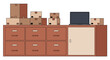 © markusmiller - Office storage cabinet with cardboard boxes and laptop in flat design