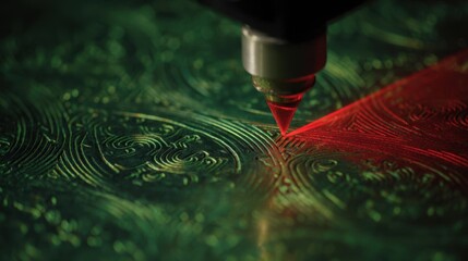Poster - Red laser engraving a spiral fluidic pathway on green biodegradable material, highlighted by dynamic light and shadow interplay, exemplifying advanced sustainable manufacturing