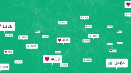 Poster - Heart icon appearing, icons fading shifting numbers drifting across mesh showing engagement growth