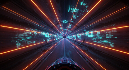Poster - A futuristic vehicle speeding through a neon lit tunnel with glowing lines and digital decorations