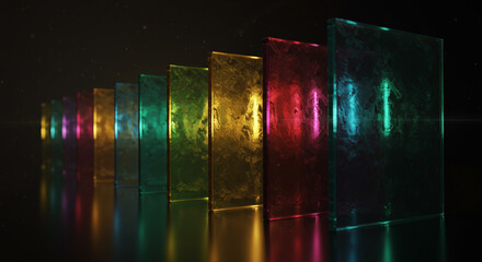 Poster - A row of colorful reflective rectangular blocks on a dark surface with a light flare on the left side
