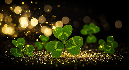 Poster - A st patrick's day themed image featuring shamrocks and golden bokeh lights on a dark background