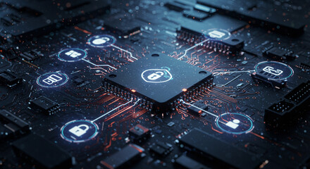 Poster - A close up of a microchip with security icons and glowing lines connecting them on a dark background