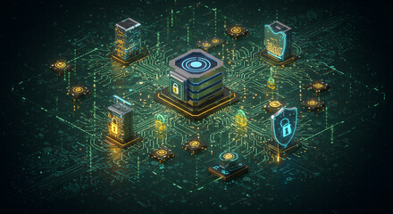 Poster - Isometric view of a digital network with server nodes and security icons on a circuit board