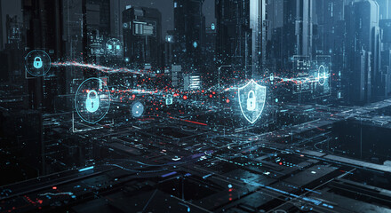 Poster - Cybersecurity visualization with digital locks and shields over a futuristic cityscape view