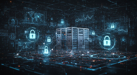 Poster - A server room with data security padlocks and digital graphs for cyber security protection concept