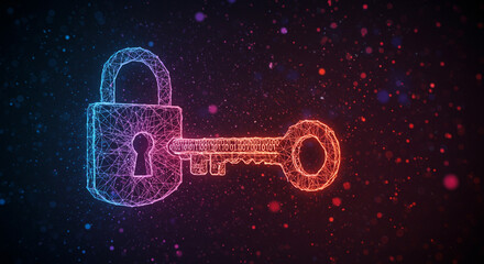Poster - A digital padlock and key illuminated with blue and red light over a dark speckled background