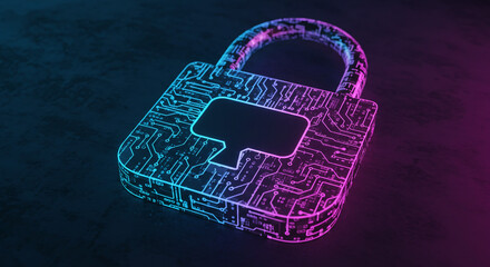 Poster - A glowing padlock with a circuit board design illuminated in neon blue and purple on a dark background