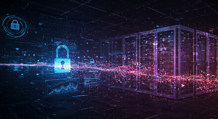 Poster - A digital network with data servers and glowing lock icons representing cybersecurity measures online