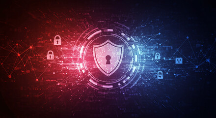 Poster - A digital shield with a keyhole surrounded by locks and network connections in red and blue hues