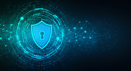Poster - A glowing blue shield with a keyhole surrounded by digital circles and connected nodes on dark background