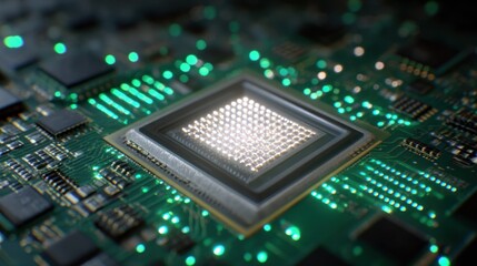 Poster - Quantum processor chip glistening under bright light, featuring advanced quantum key distribution technology and microscale components on a motherboard, highlighting innovation in quantum computing