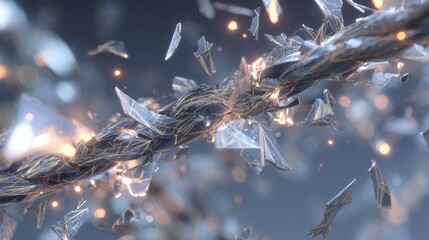 Poster - Glass cable exploding and shattering into tiny particles with golden lines inside, representing technological disruption or a broken connection in a futuristic and abstract way