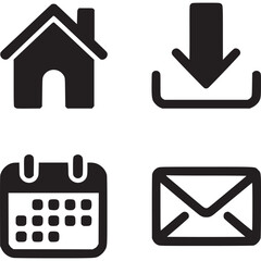Poster - A set of four black and white symbols including a house, download, calendar, and email envelope icon on transparent background