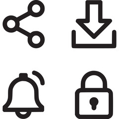 Poster - A set of four black outline icons including a share download notification and security lock symbol on transparent background