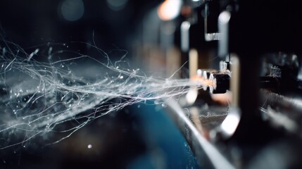 Aufkleber - Close up of a bio ionic cotton gin's precision mechanism separating and electrocombing spider silk, revealing intricate patterns and showcasing innovative textile technology