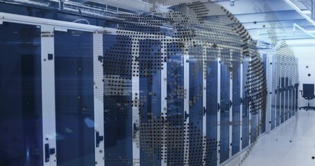 Poster - Overlayed globe fading in rotating across server racks showing code visualizing network flow