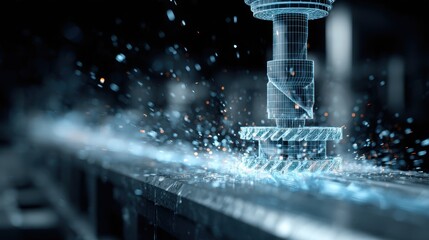 Poster - Milling machine cuts into metal, creating sparks and shavings, with a wireframe effect highlighting the machine's components, set against a dark industrial backdrop
