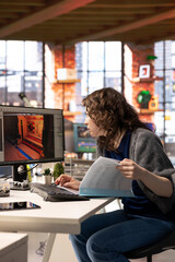 Poster - Female developer interacts with virtual AI assistant on PC to design a game hub, using automation and machine learning to generate futuristic space station designs for a sci fi video game.