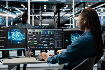 Poster - Admin in data center using artificial intelligence computing simulating human brain thought processes in computerized model. Server room employee working with AI machine learning algorithms