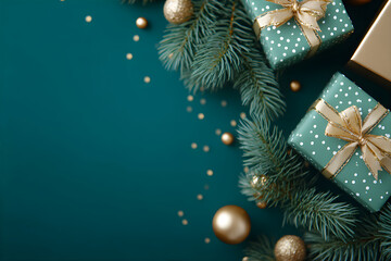 Wall Mural - Christmas gift box, fir branch, and golden ornament on green table. Holiday background for Christmas and New Year celebration.