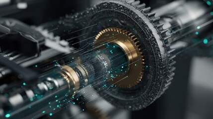 Poster - Intricate machinery integrating precision engineering with gears, levers, and digital data streams, showcasing the complexity of modern industrial automation