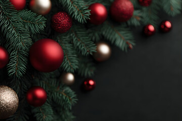 Wall Mural - Close-up of lush green christmas tree branch decorated with red and gold ornaments. Festive dark background for Holiday season.