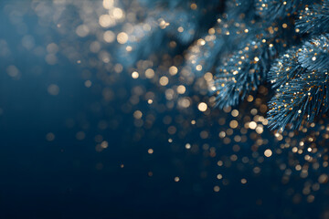 Wall Mural - Fir tree branch with golden glitter and bokeh effect on dark blue background. Abstract festive glowing light for holiday season.